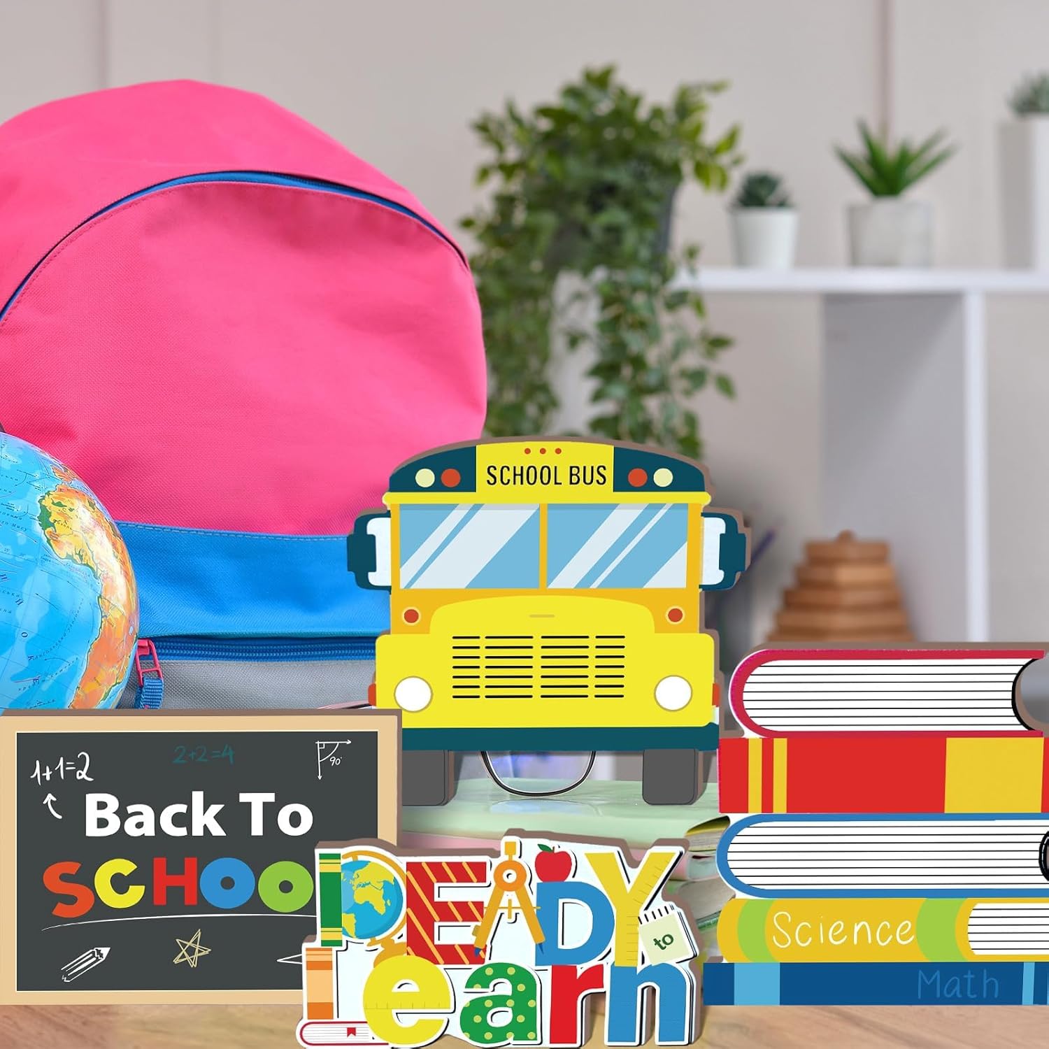 Set of 4 Pieces Back to School Wooden Table Centerpiece Decor Ready to Learn Woodentable Toppers Welcome Back to School Party Decoration for School Classroom Home Teacher Party Decorations